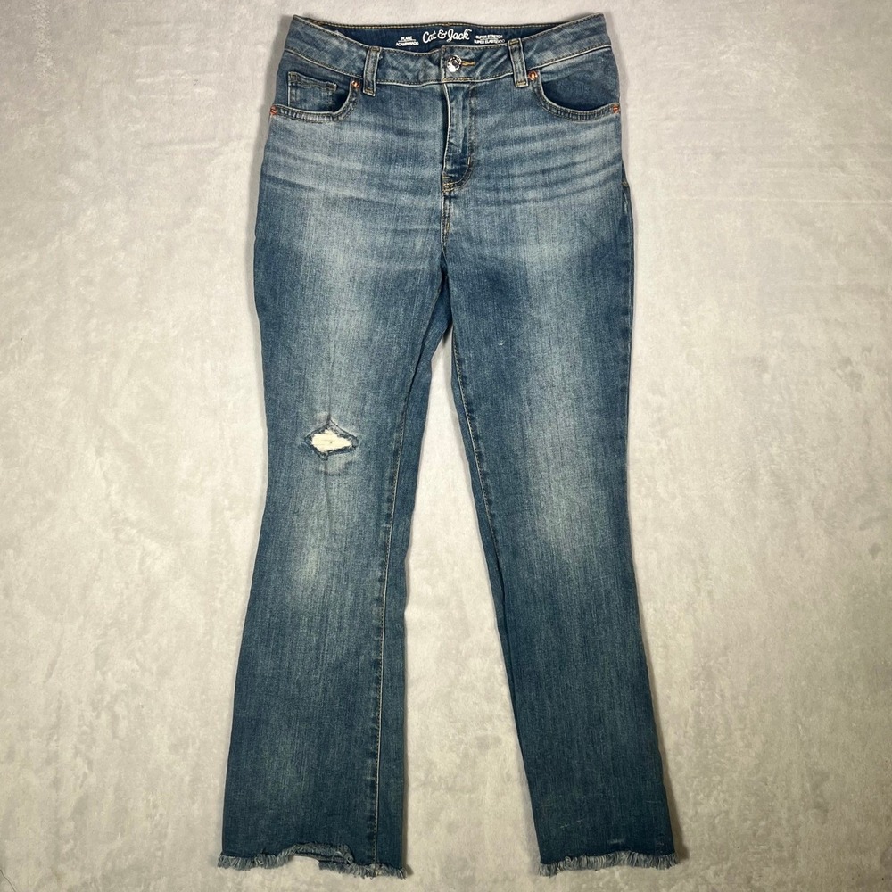 Cat & Jack Girls Size 12 Flare Jeans Blue Super Stretch Distressed Raw Hem